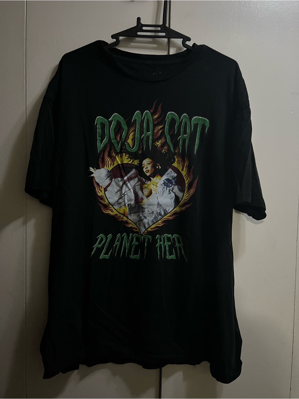 Black Graphic Pet Tee with Green Flame Design
